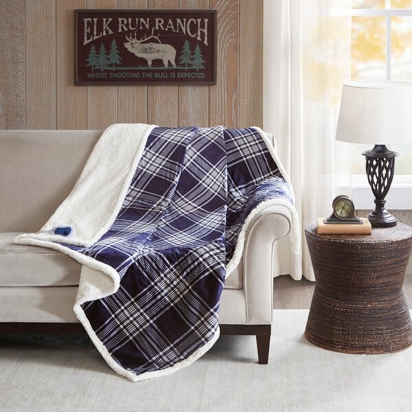 Woolrich Leeds Navy Oversized Plaid Print Faux Mink to Berber