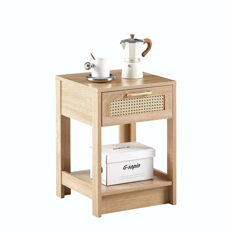 15.75" Rattan 1-Drawer Nightstand with Power Outlet & USB Ports