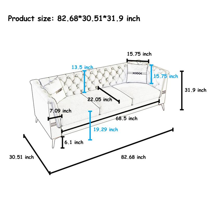 Chesterfield Velvet Button Tufted Sofa, Luxury 3-Seater Couch with 2 Pillows