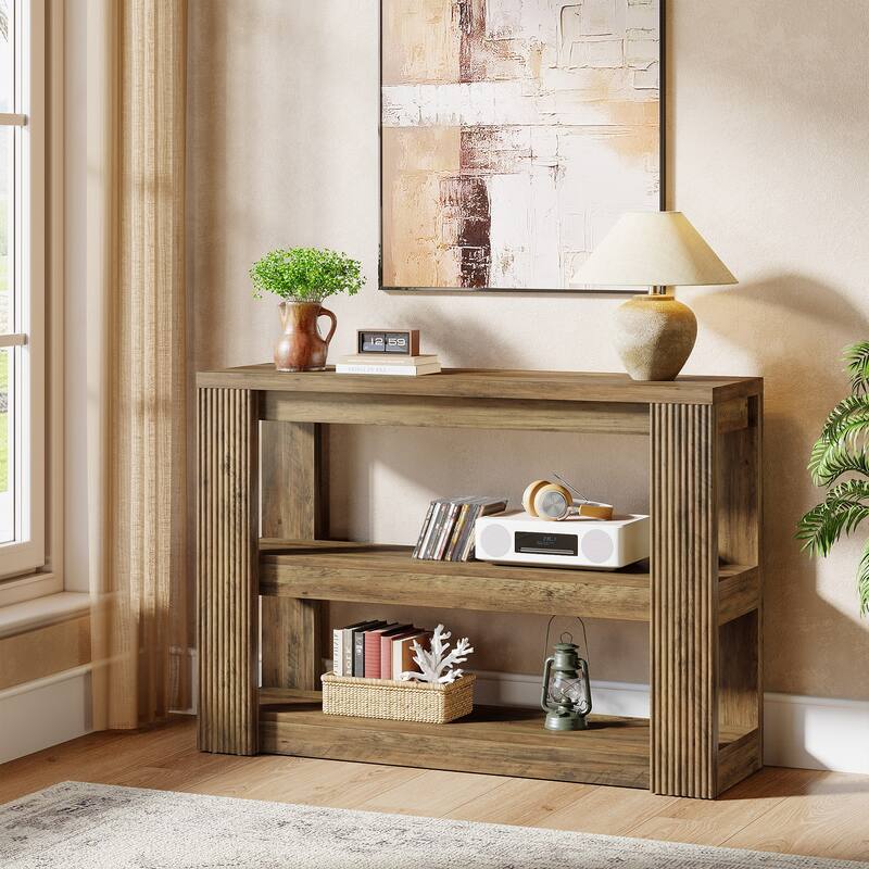 3-Tier Farmhouse Entryway Table with Storage Shelves - 41.34" L x 11.81" W x 31.5" H - Brown