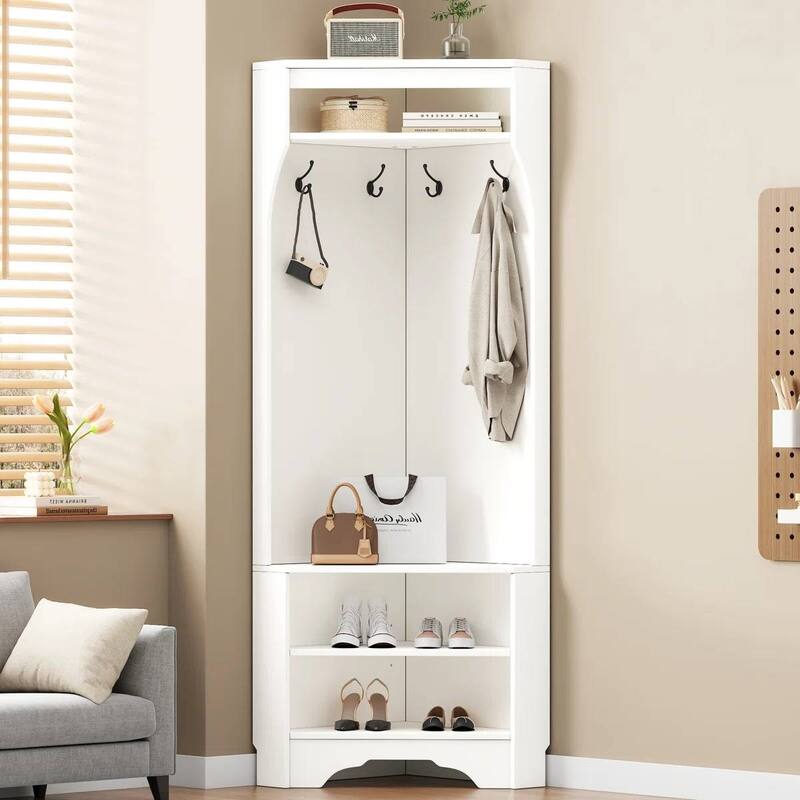 Modern Corner Hall Tree Coat Rack with Shoe Bench Storage Cabinet and Hooks Entryway Organizer - 29.5" x 71.6