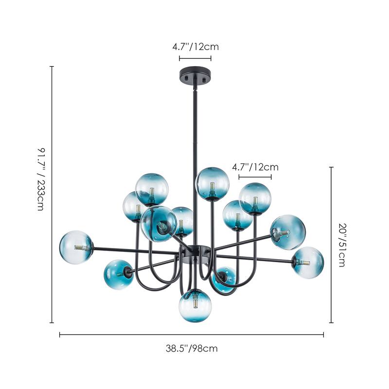 13-Light Mid-Century Modern Gold/Black Linear Sputnik Gradient Blue Glass Globe Bubble Chandelier for Living Room