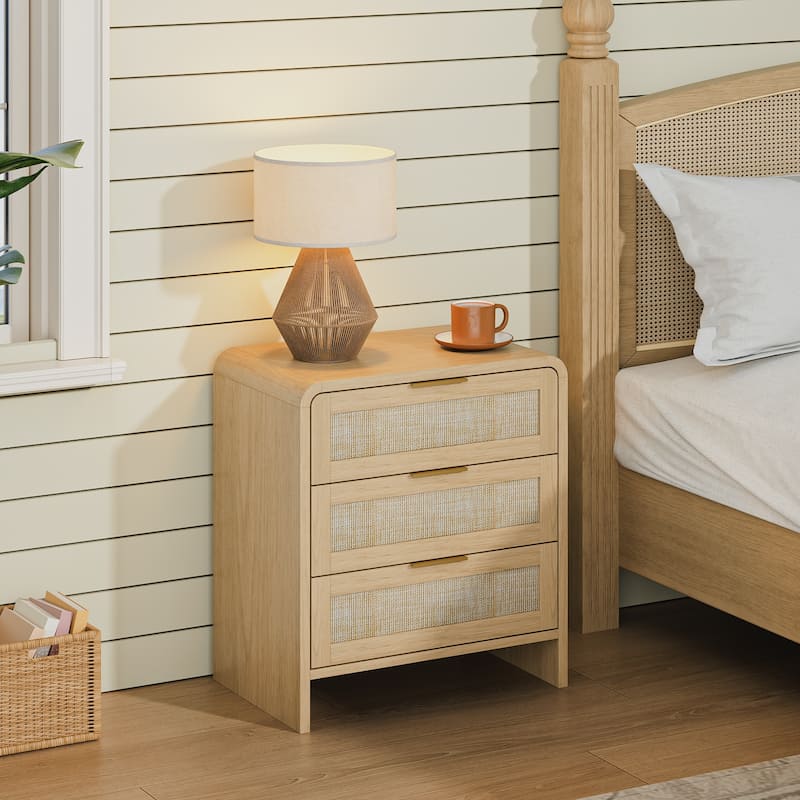 22.8" Rattan Nightstand with 3 Drawers, Curved Wooden Bedside Table with Modern Boho Design