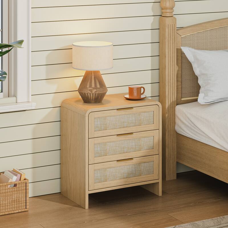 Rattan Nightstand with 3 Drawers, 22.8" Wide Curved Wooden Bedside Table, Modern Storage for Bedroom