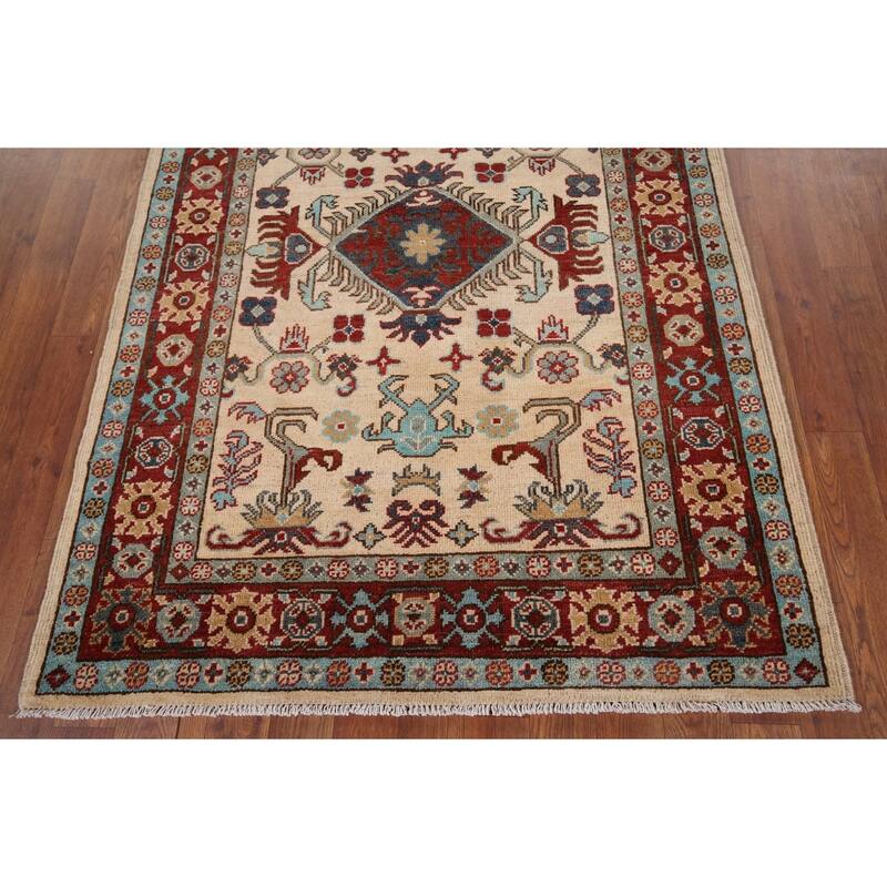 Geometric Kazak Rug Hand-Knotted Oriental Wool Carpet - 3'7" x 4'11"