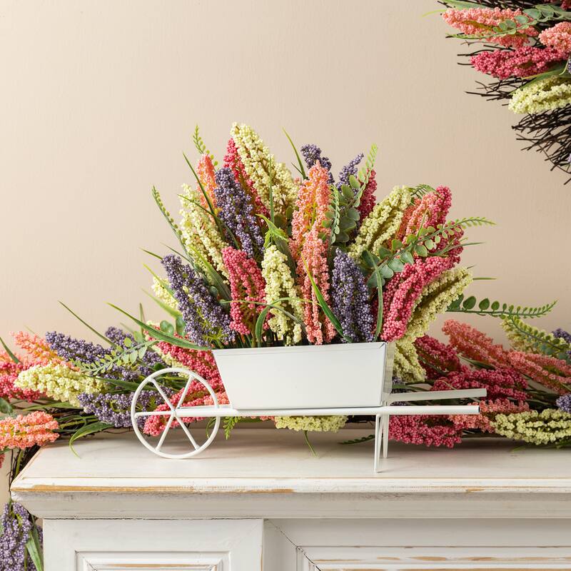 Glitzhome 11"H Pink, Purple & Yellow Mixed Heather Cart Centerpiece