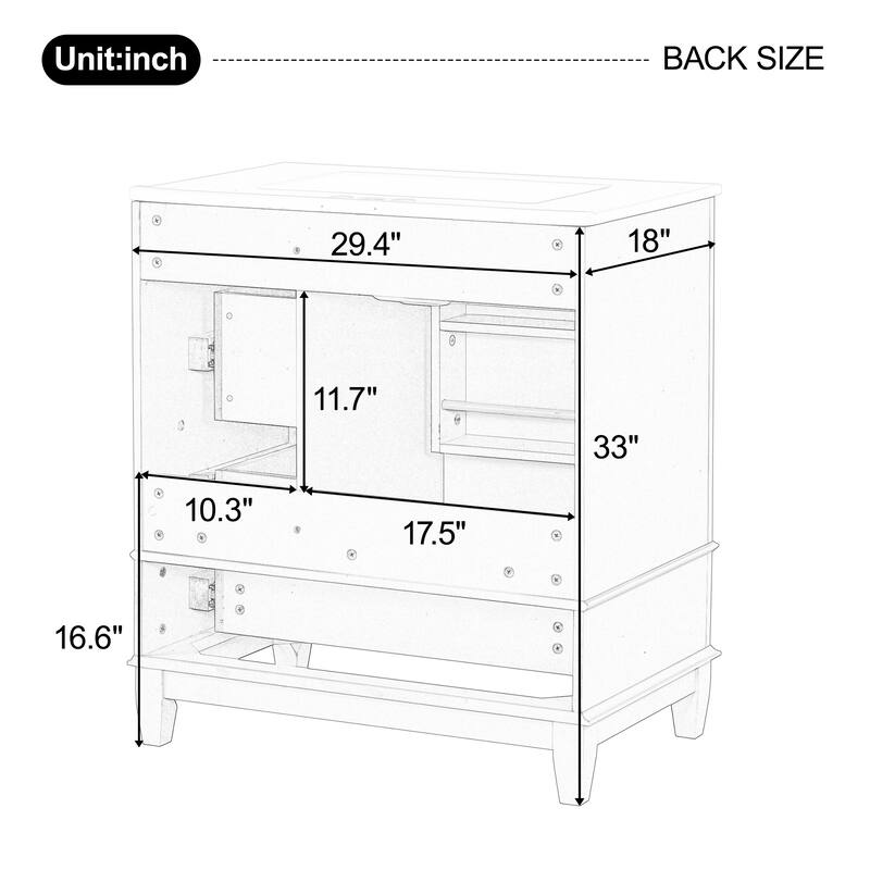 30" Freestanding Bathroom Vanity with Sink, One Door Cabinet and 3 Drawers, Solid Wood Frame & MDF Board