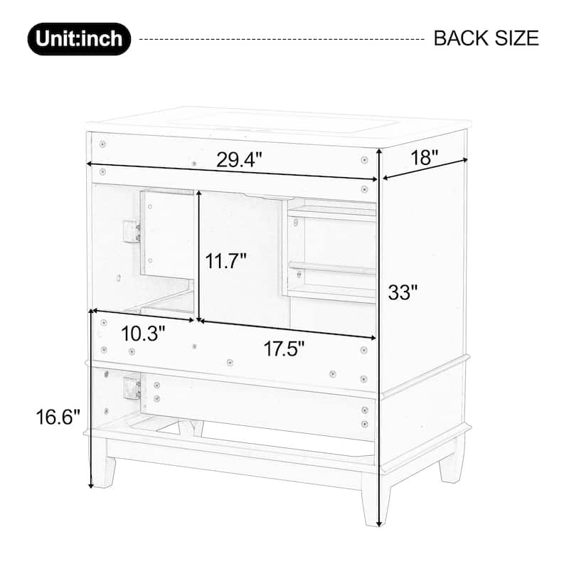 30-Inch Bathroom Vanity With Sink, One Door With Shelf And Three Drawers, Soft-Close Door. - 30"