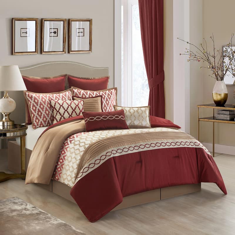 Nanshing Calvin Luxury10-Piece Geometric Comforter Set - Burgundy - King
