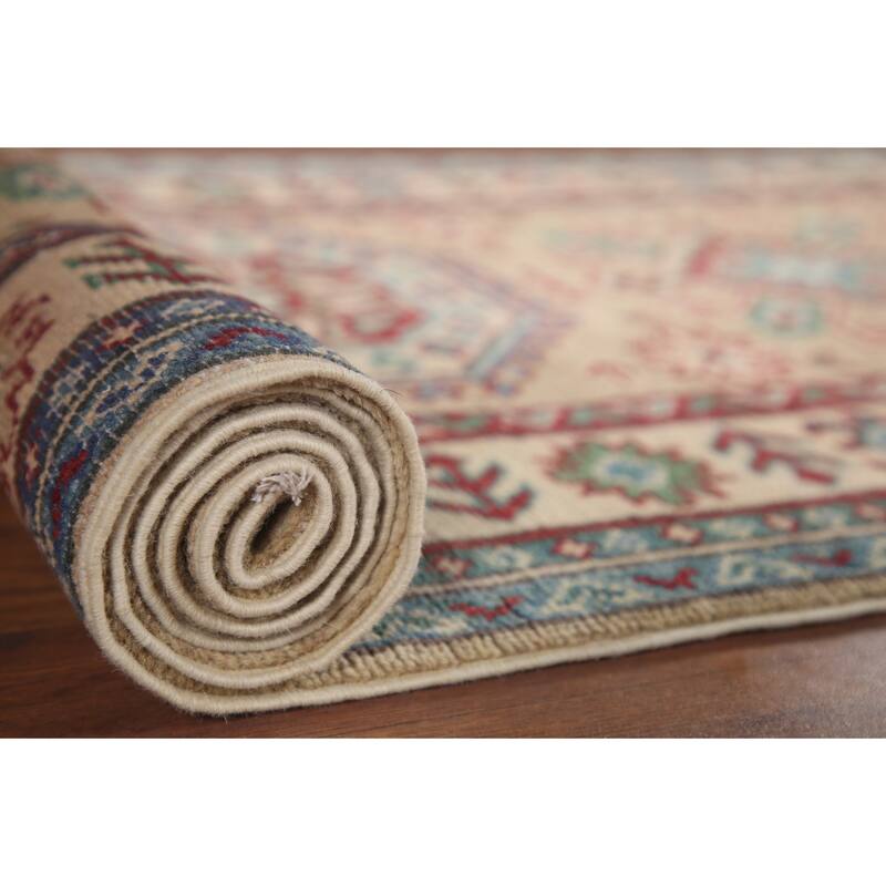 Hand Knotted Oriental 100% Wool Carpet Traditional Geometric Beige & Ivories Kazak Runner Rug - 12' 9'' X 2' 9''
