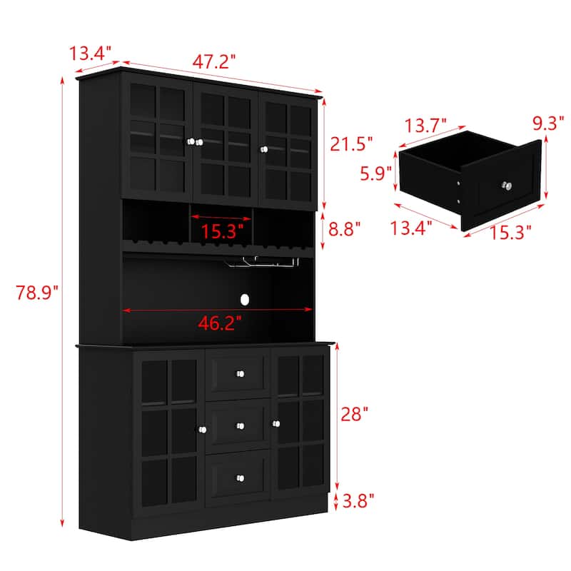 78.9"Large Kitchen Hutch Cabinet Kitchen Pantry Cabinet Bookcase Glass