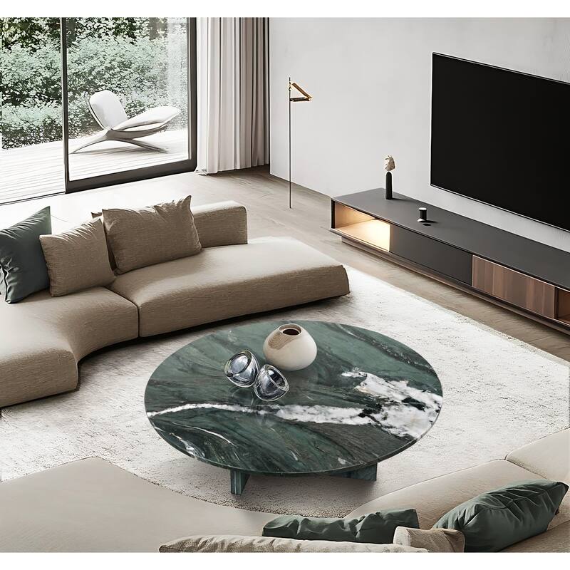 Roomfitters Natural Marble Coffee Table, Round Living Room Table, Solid Stone Modern Center Table, Genuine Marble