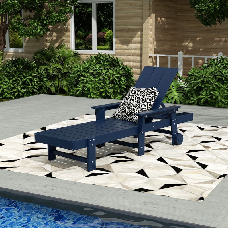 Polytrends Shoreside Modern Poly Reclining Eco-Friendly All Weather Chaise Lounge With Arms & Wheels - Navy Blue