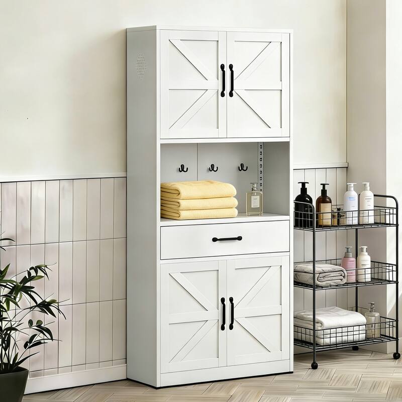 71" White Steel Kitchen Pantry with Large Countertop, Adjustable Shelves, Drawers & Hooks