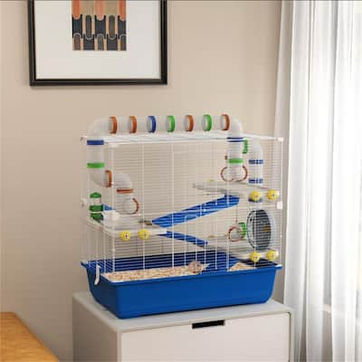 Blue Metal Hamster Cage with Tubes, Wheel, Ramps and Accessories - 30.7" L x 17.7" W x 28.7" H