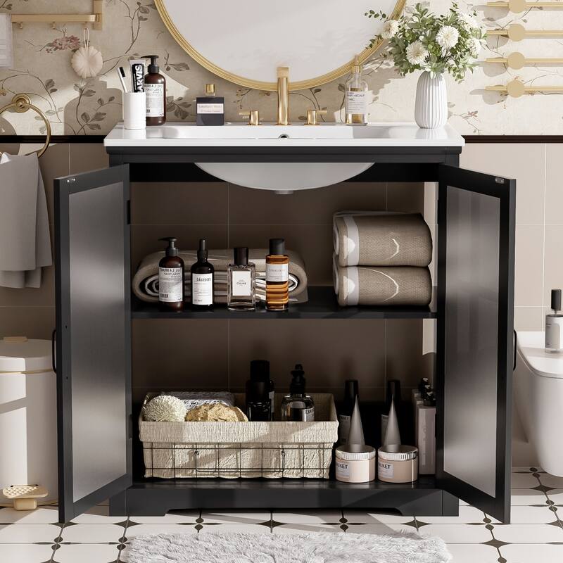 30"Bathroom Vanity with Ceramic Sink, Tempered Blurred Glass and Matte Black Handles, Large Storage Space and Rubber Wood Frame