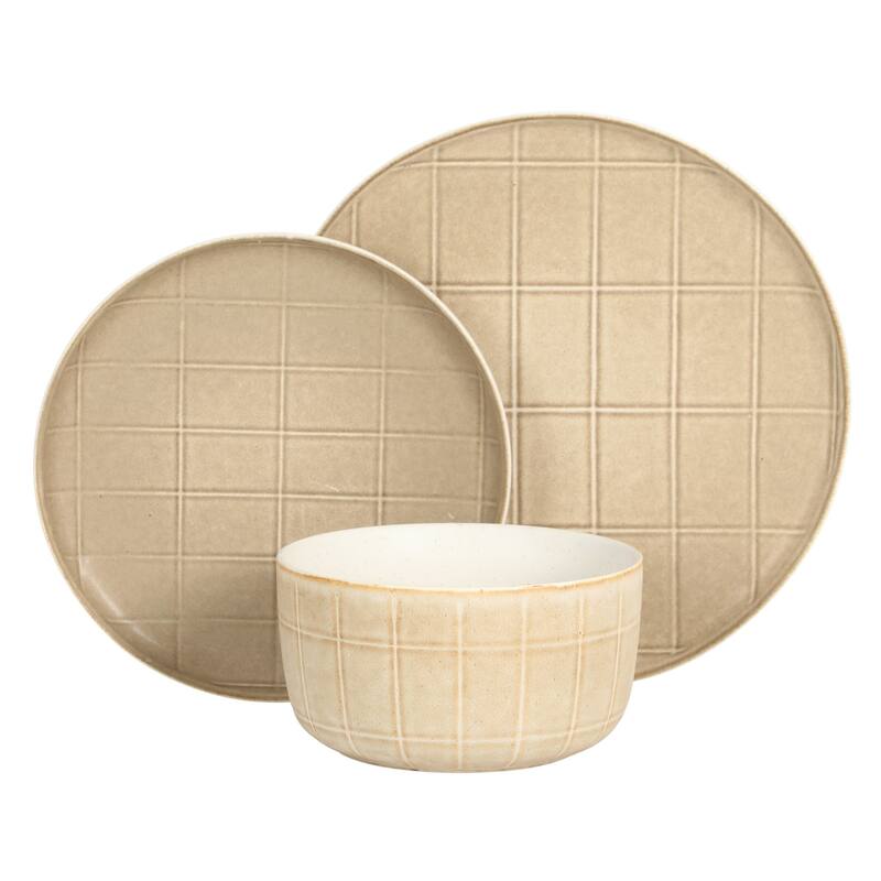 Gisbon Elite Butterwick 12 Piece Plates and Bowls Stoneware Dinnerware Set - Reactive Glaze Patterned Dishes