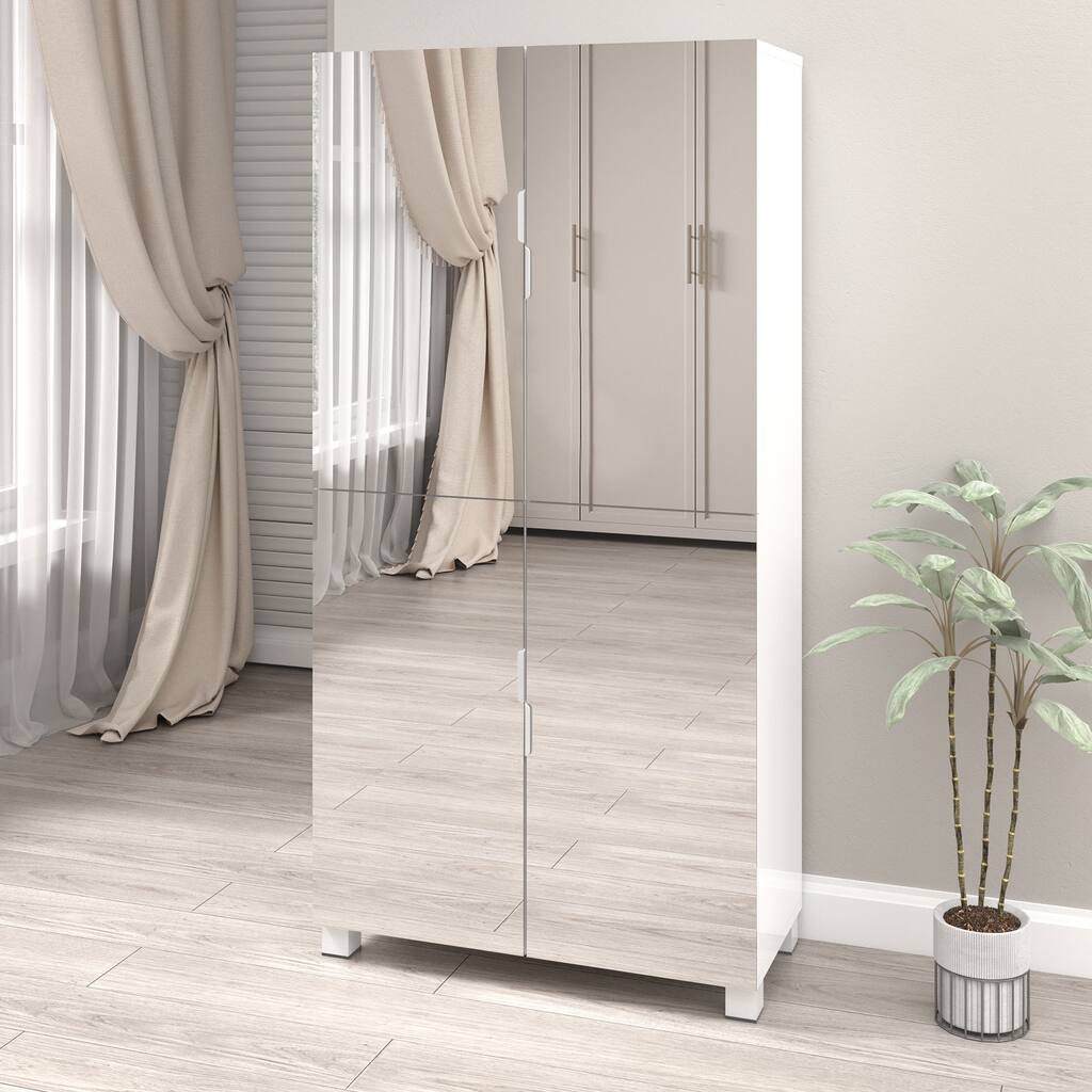 8 Tier Shoe Storage Cabinet with Mirror Door, 32 Pair Shoe Organizer Shelves for Closet Hallway Bedroom Entryway, White