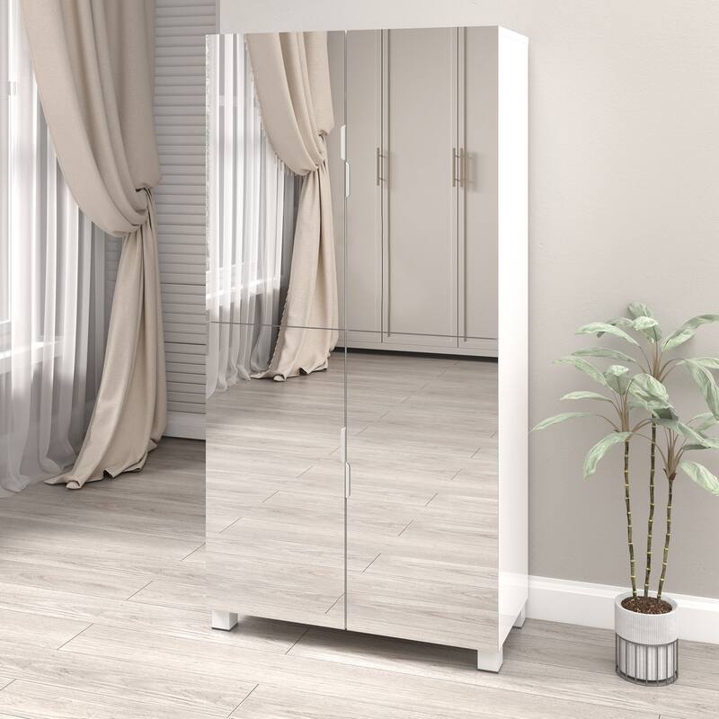 Shoe Cabinet with 4 Mirror Doors- 50"Tall Entryway Storage, 8 Adjustable Shelves, Holds 24-32 Pairs (Size 15)