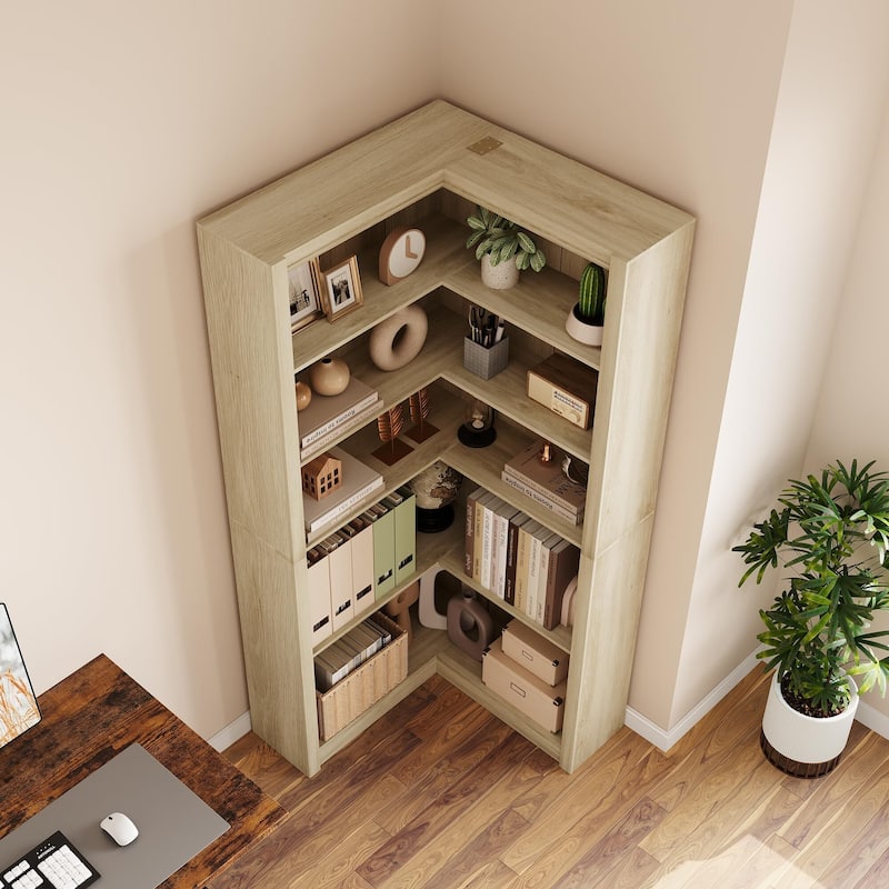 71.8" Tall Corner Bookshelf, 5-Tier L-Shaped Corner Bookcase, Modern Industrial Wood Display Storage Shelves for Living Room