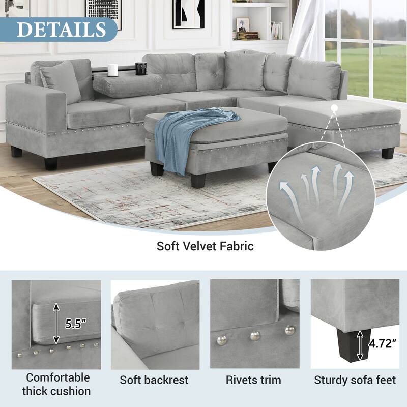 105" Modern L-Shaped Sectional Sofa with Storage Ottoman, Reversible Chaise, Velvet Upholstery and Cup Holders for Living Room