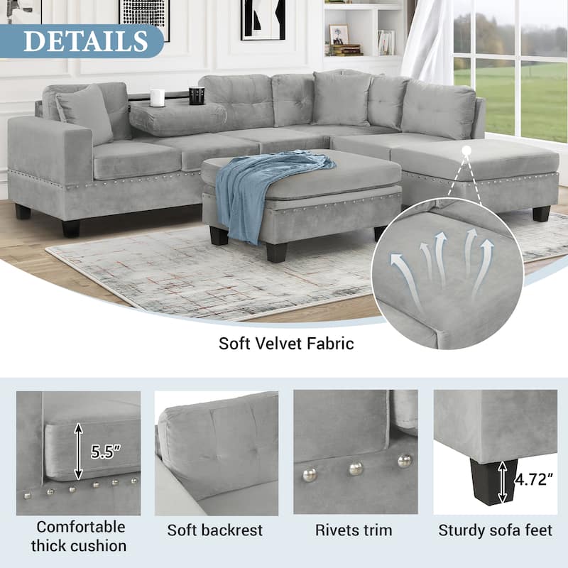 Roomfitters Sectional Sofa with Storage Ottoman, Reversible Chaise, Cup Holders and 2 Pillows for Living Room