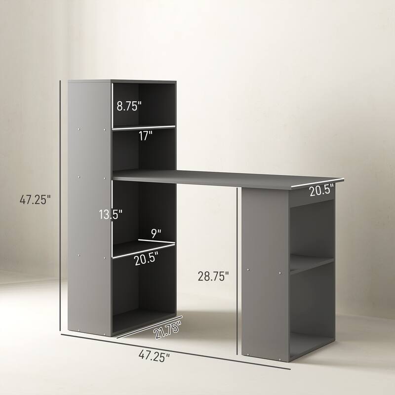 HOMCOM Compact Computer Desk: 6-Tier Storage Shelves, Writing Table Workstation with Bookshelf