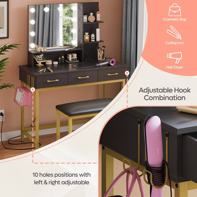 Makeup Vanity Desk Stool Set with Lighted Mirror & USB Power Outlet