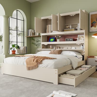 Full Size Wooden Platform Bed with USB, Storage Headboard & Drawers