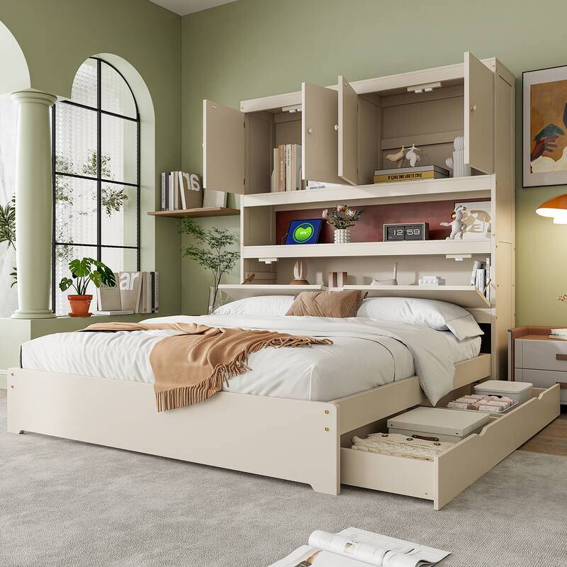 Full Wooden Storage Bed with Flip-Up Headboard & USB Charging - White
