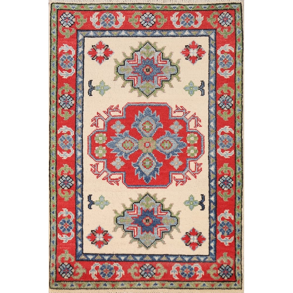 Ivory Geometric Kazak Oriental Foyer Rug Hand-Knotted Wool Carpet - 2'0"x 3'0"