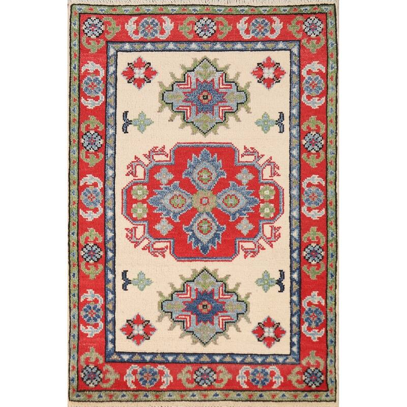 Ivory Geometric Kazak Oriental Foyer Rug Hand-Knotted Wool Carpet - 2'0"x 3'0"