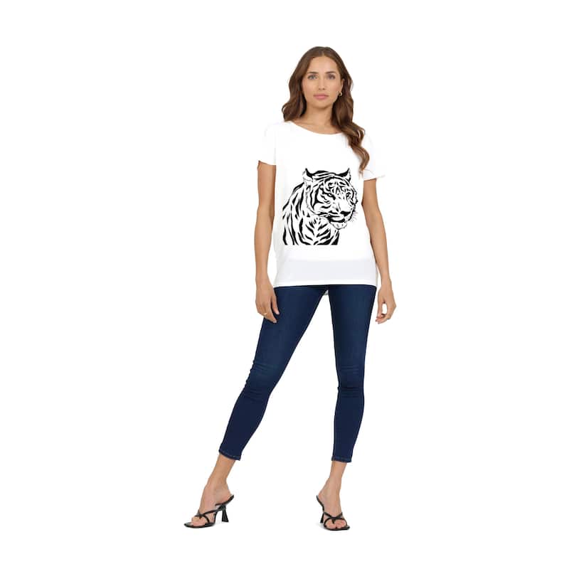 What About Wednesday T-Shirt Dolman Cap Sleeve Print - Angry Tiger Motif - M