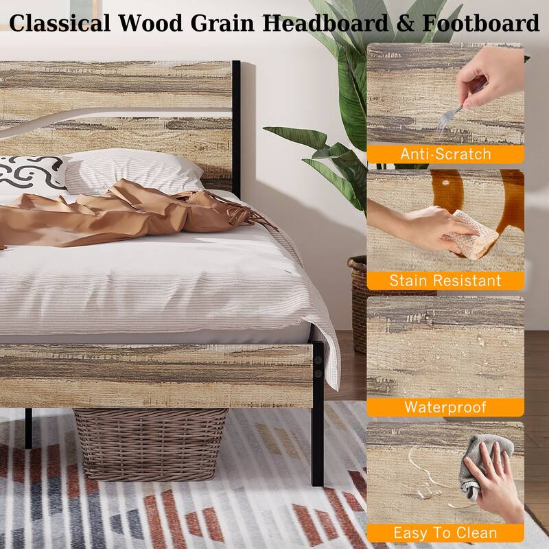 Industrial Metal Bed Frame with Wood Headboard Twin/Full/Queen Bed Slate Platform Metal Bedframe No Box Spring Needed