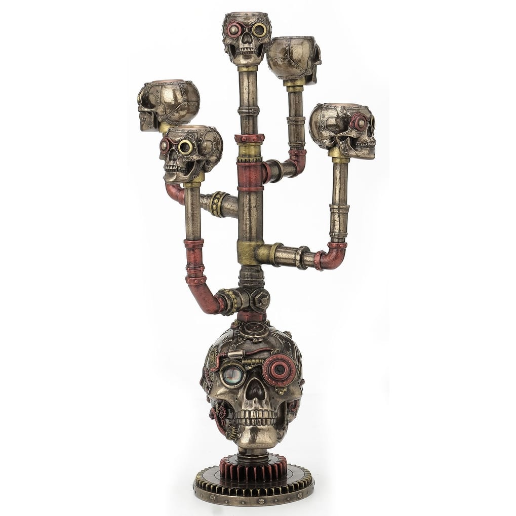 Veronese Design 15.94" H STEAMPUNK SKULL MULTI HEAD BRANCHED CANDLE HOLDER Cold Cast Bronze