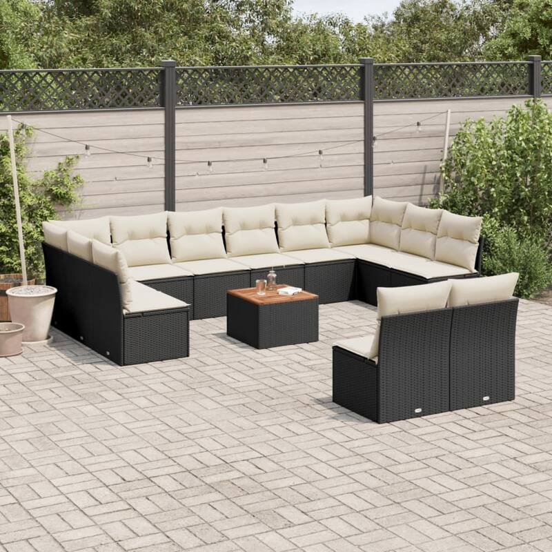 vidaXL Patio Sofa Set with Cushions Outdoor Furniture 13 Piece Poly Rattan - 24.4 x 24.4 x 27.2 - Black and Cream