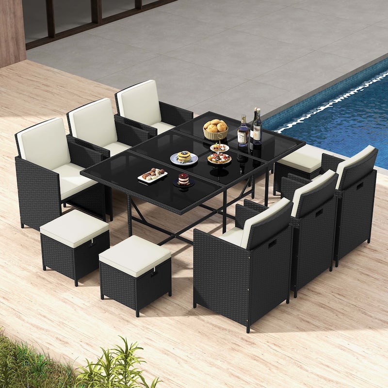 11PCS Patio Dining Set Wicker Chairs & Dining Table Set w/ Ottomans