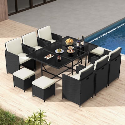 11PCS Patio Dining Set Wicker Chairs & Dining Table Set w/ Ottomans