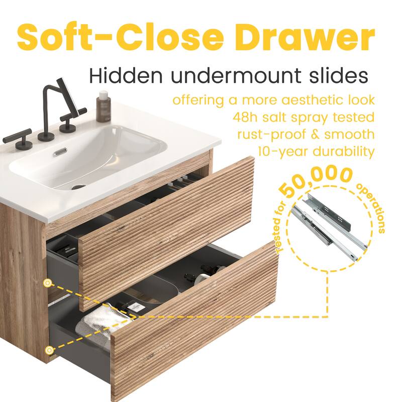 30" Wall-Mounted Bathroom Vanity with Integrated Ceramic Sink & Overflow, Large Storage Floating Cabinet