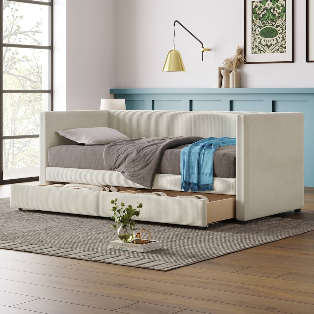 Beige Corduroy Twin Daybed with Drawers