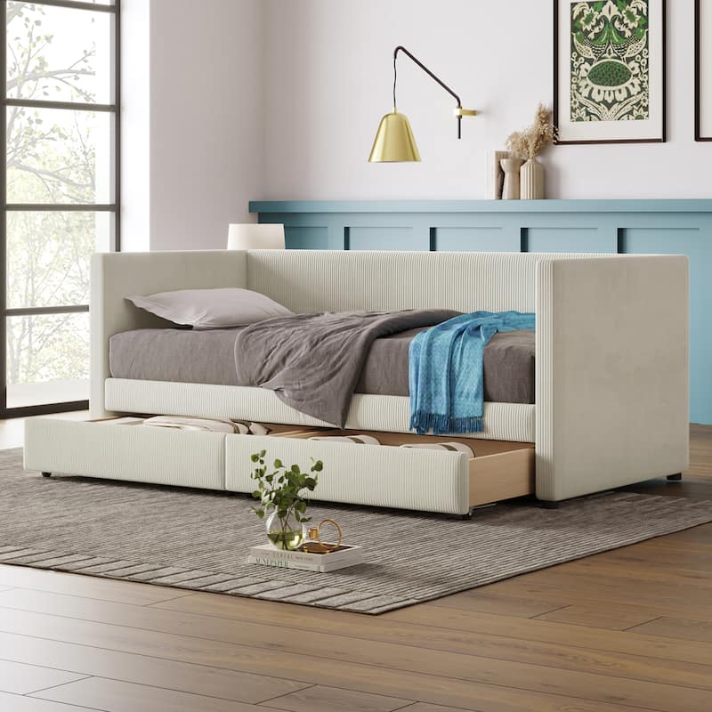 Twin Size Corduroy Daybed with Two Drawers and Wood Slat