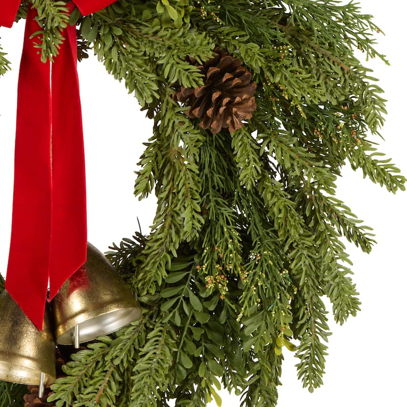 National Tree Company 28 in. Artificial Christmas Bells Pine Wreath with a Red Bow, Pinecones and Bells - 28 in
