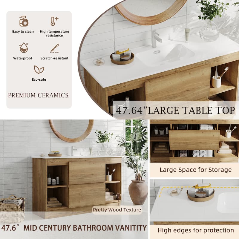 47"Mid Century Single Bathroom Vanities with Sink, White Vanities with 2 Drawers and 4 Shelves