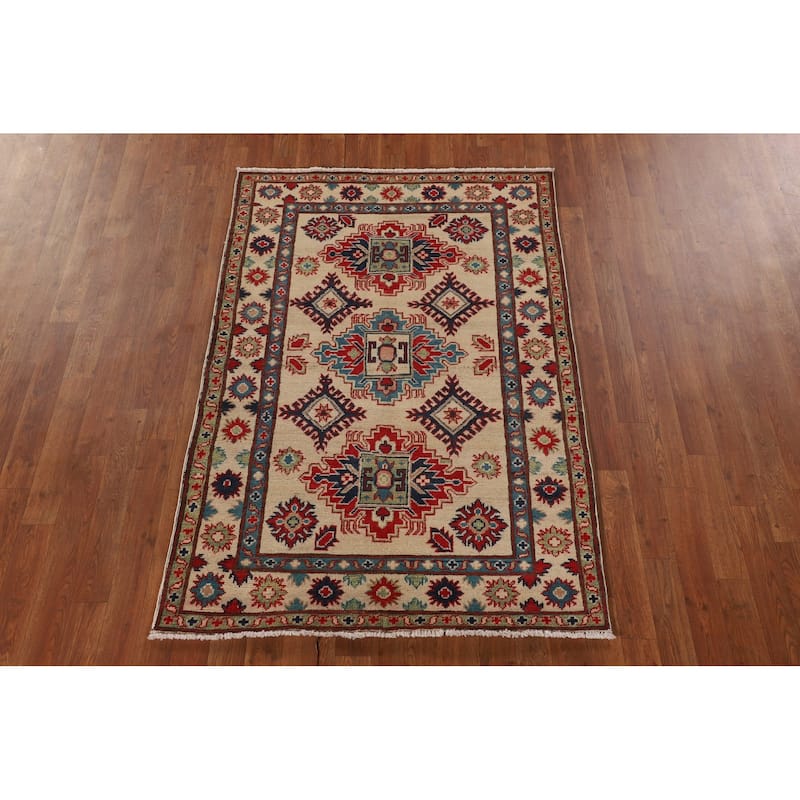 Beige / Ivory Kazak Oriental Accent Rug Handmade Wool Carpet - 3'6"x 5'2"