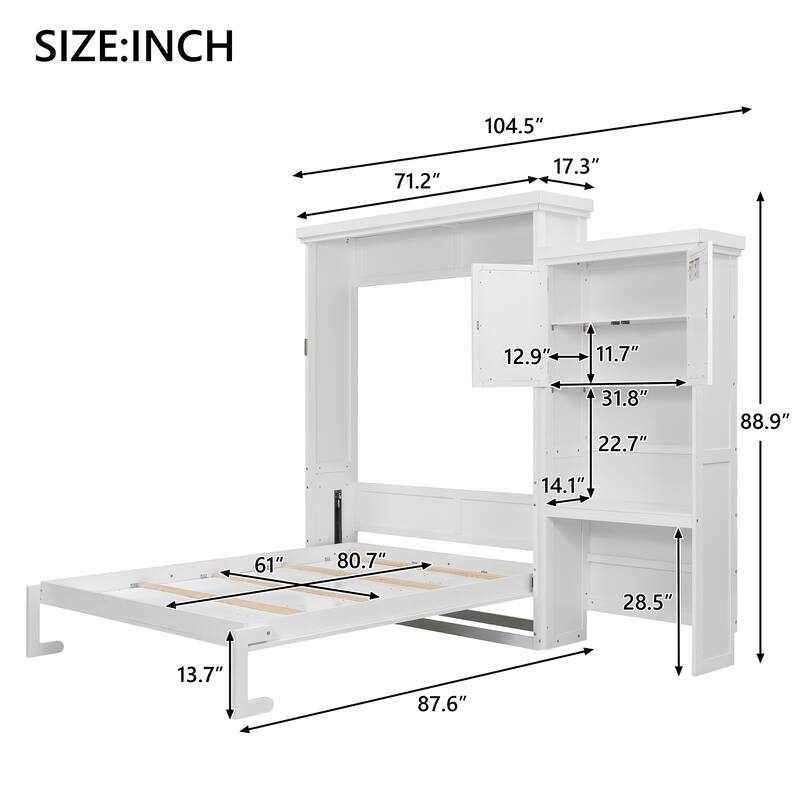Queen Size Murphy Bed Convertible Louvered Style Cube Cabinet Foldable Platform Bed with Side Storage Bookcase Cabinet Shelves