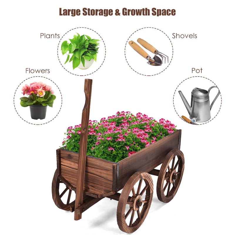 Costway Wood Wagon Flower Planter Pot Stand W/Wheels Home Garden