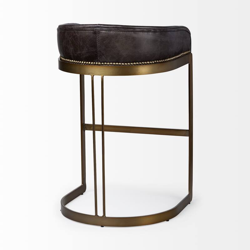 Hollyfield Black Genuine Leather Seat with Gold Metal Frame Counter Stool - 20.5L x 19.8W x 32.8H