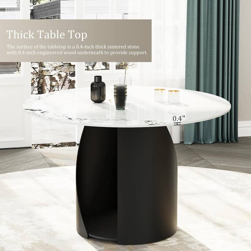 White Round Sintered Stone Dining Table with Matte Black Sandblasted Texture Base