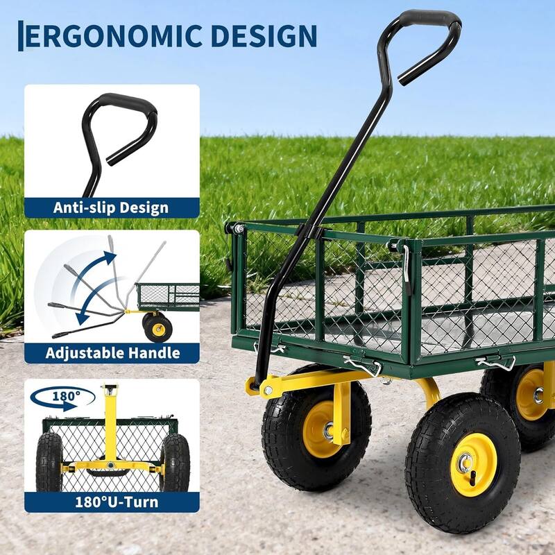 Heavy Duty Outdoor Yard Utility Garden Cart with Wheels and 180 Degree Rotating Handle, 900 LBS Load