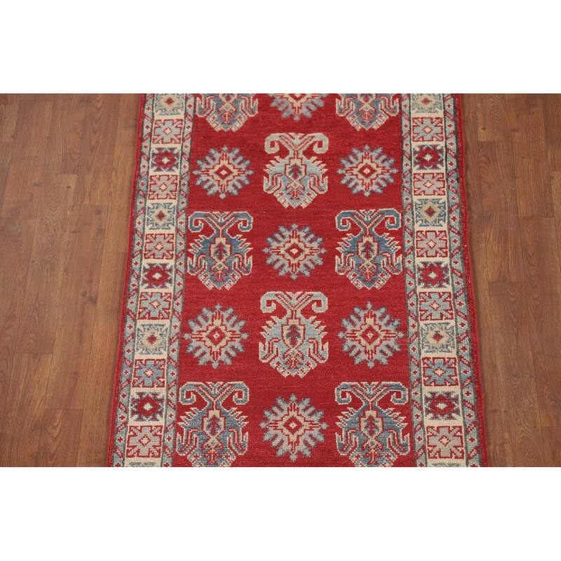 Geometric Kazak Runner Rug Hand-Knotted Traditional Wool Carpet - 2'8" x 9'4"